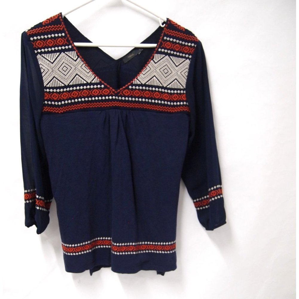 THML Womens Top S Knit Embroidered Boho T-Shirt Tee V-Neck 3/4 Sleeve Navy Blue